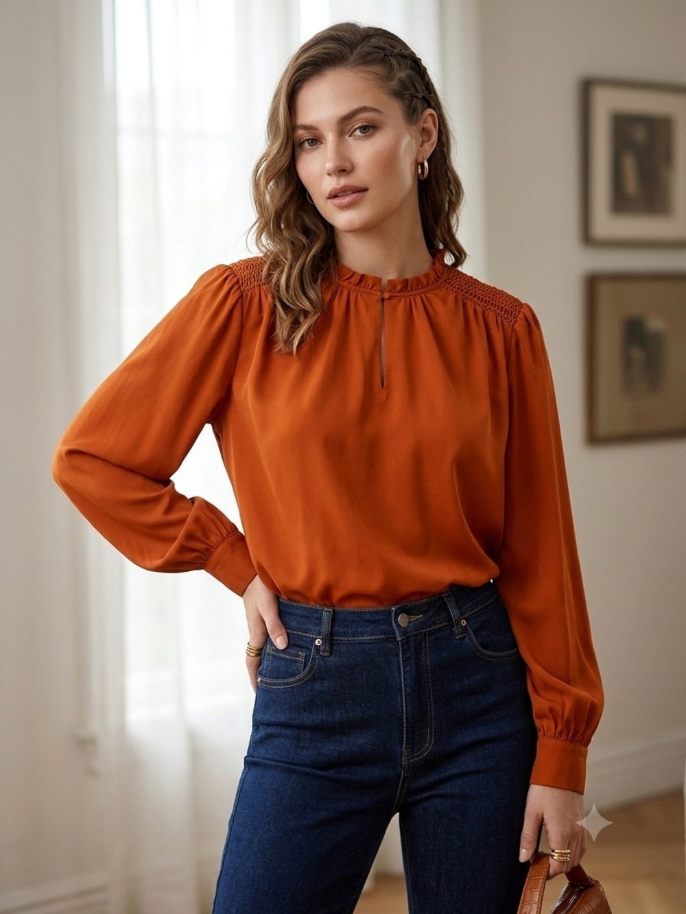 Suzy Shier Burnt Orange Long-Sleeve Smocked Shoulder Blouse Ptp 23"
